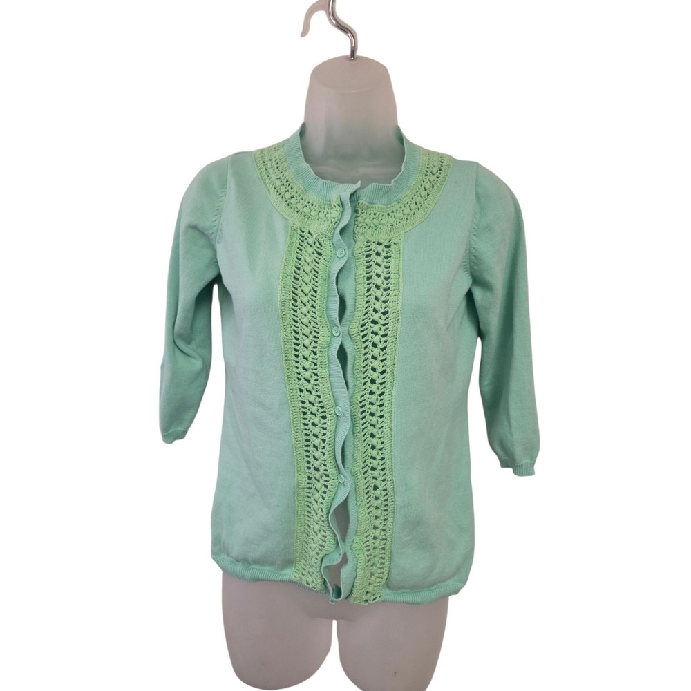Liz Claiborne Mint Green Cotton Crochet Pointelle Cardigan Sweater 90s Y2K XS